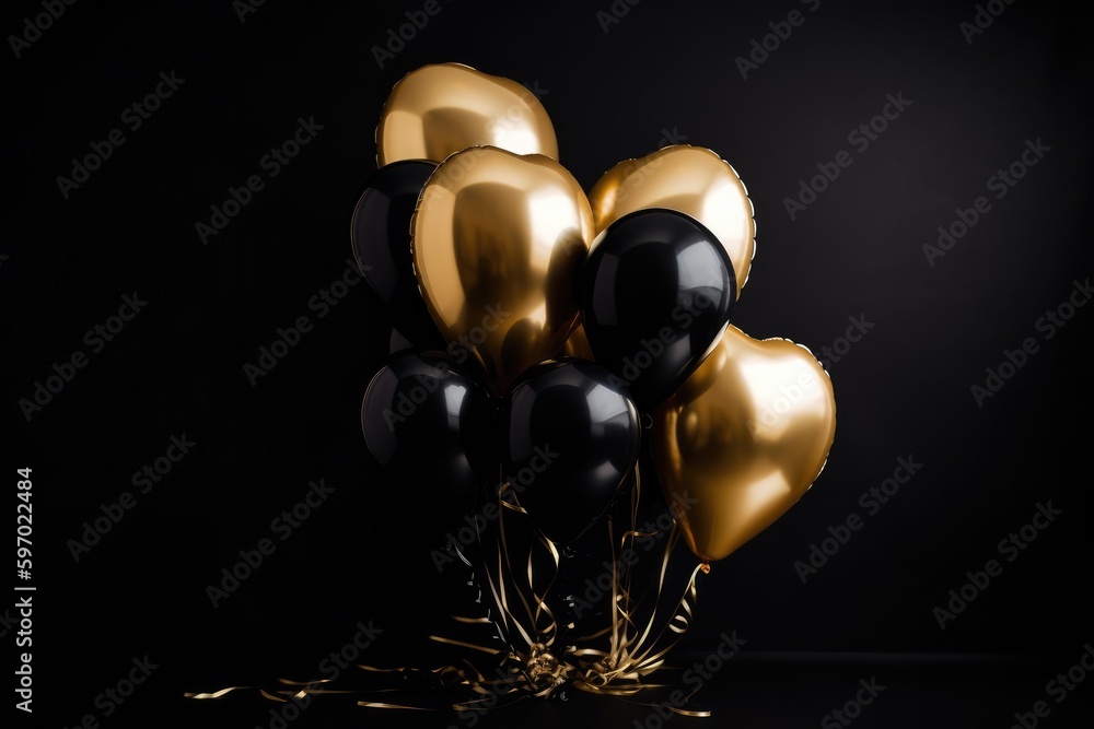 Decorative golden balloons and black balloons isolated on black background for a party vibe, Generative AI