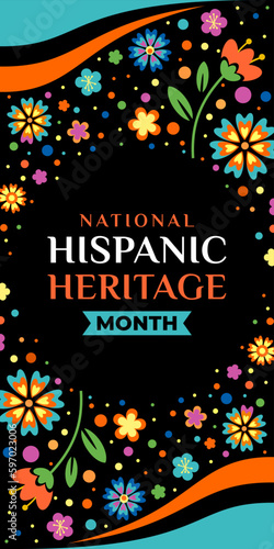 Hispanic heritage month. Vector vertical web banner, poster, card for social media, networks. Greeting with national Hispanic heritage month text, floral pattern, Huichol pattern on black background.