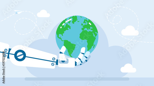 Robot hand holding the world or planet earth. Ai or Artificial Intelligence concept. The power of artificial intelligence on a global scale. Robot holds a planet in his hand. Flat Vector illustration