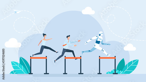 AI vs human battle concept. Robot and human running competition together. Business competition. Robot or android win race finish first. Artificial intelligence and new technology. Vector illustration