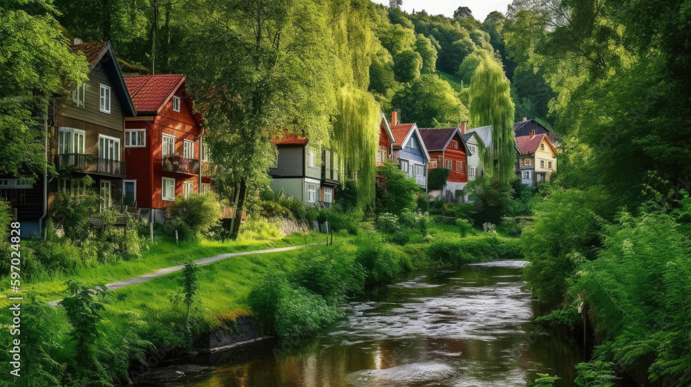 Obraz premium Scandinavian-style suburban houses village, that breaks away from the conventional asphalt roads and instead is covered in a thriving, wild green forest with a tranquil stream running through it.