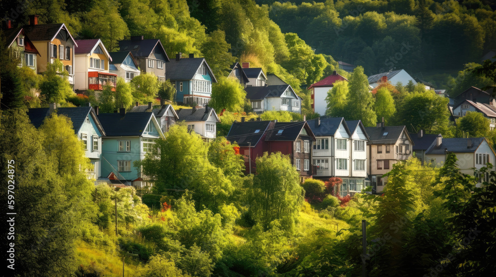 Fototapeta premium Scandinavian-style suburban houses village, that breaks away from the conventional asphalt roads and instead is covered in a thriving, wild green forest with a tranquil stream running through it.