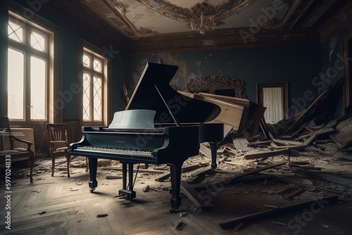 A damaged room with a central grand piano. Digitally rendered image. Generative AI