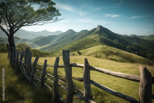 A fence, tree, blue sky & hill in foreground, green mountains of Serra da Mantiqueira in state of Minas Gerais, Brazil. Generative AI photo