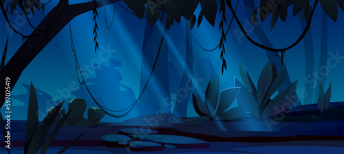 Dark forest landscape at night. Jungle scenery with silhouettes of trees, plants and bushes in moonlight. Glade in deep woods or park at night, vector cartoon illustration