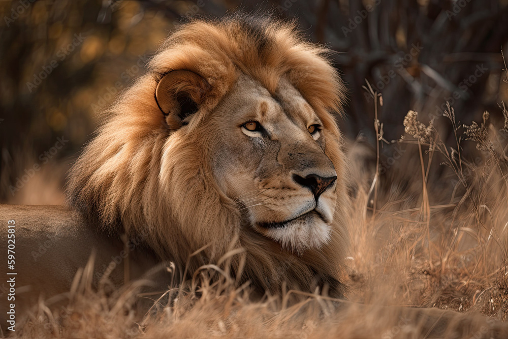 A lion with a lush mane resting on the grass, ai-generated artwork A lion with a lush mane resting on the grass, ai-generated artwork