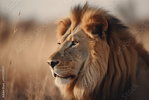 An adult lion in the savannah, ai-generated artwork
