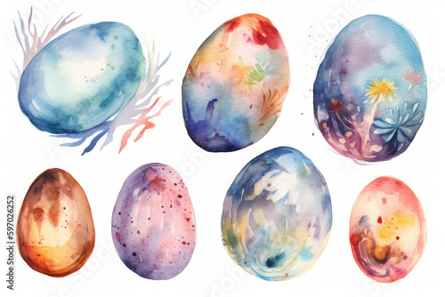 Set of painted watercolor easter eggs  generative AI