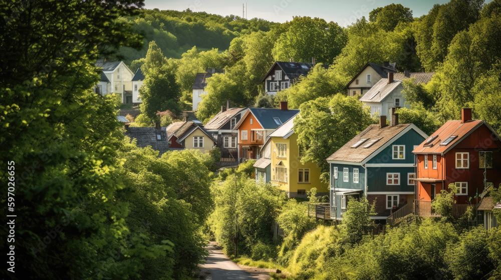 Fototapeta premium Scandinavian-style suburban houses village, that breaks away from the conventional asphalt roads and instead is covered in a thriving, wild green forest with a tranquil stream running through it.