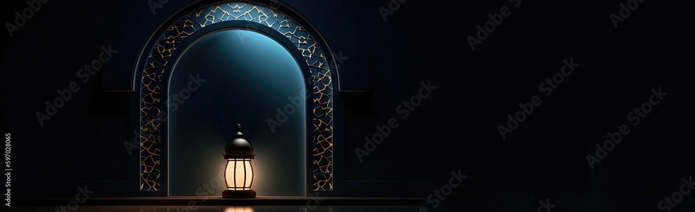 mosque frame islamic, eid mubarak banner with generative AI	