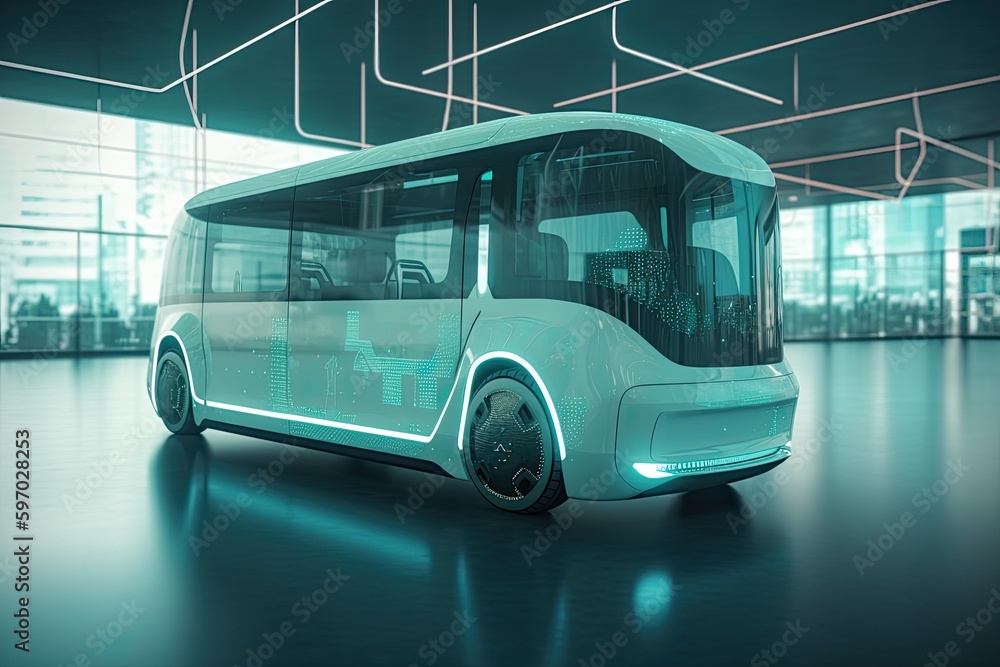 Smart Autonomous Electric self driving bus, Driverless, Smart autonomous public transport, 3D render illustration, Generative AI