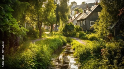 Scandinavian-style suburban houses village, that breaks away from the conventional asphalt roads and instead is covered in a thriving, wild green forest with a tranquil stream running through it. © piai
