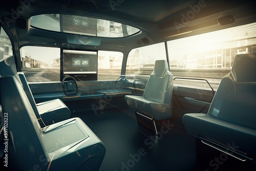 Smart Autonomous Electric self driving bus, Driverless, Smart autonomous public transport, 3D render illustration, Generative AI © Akarat Phasura