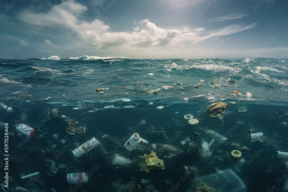 Plastic waste and garbage under water in the ocean. Climate change, the concept of protecting the environment, and water resources. Generative AI.