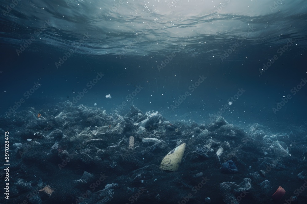 Fototapeta premium Plastic waste and garbage under water in the ocean. Climate change, the concept of protecting the environment, and water resources. Generative AI.