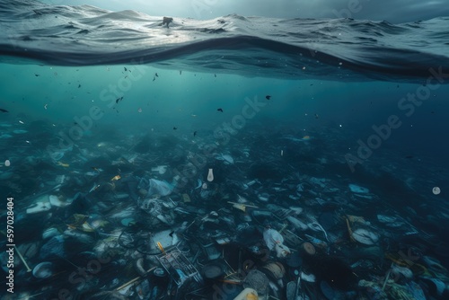 Plastic waste and garbage under water in the ocean. Climate change, the concept of protecting the environment, and water resources. Generative AI.