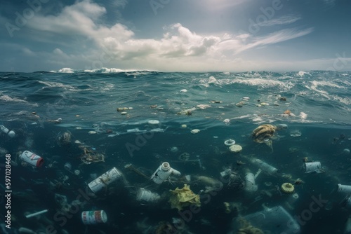 Plastic waste and garbage under water in the ocean. Climate change, the concept of protecting the environment, and water resources. Generative AI. © ChaoticMind