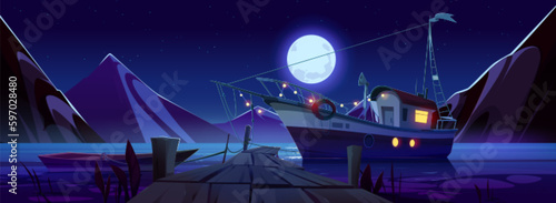 Night mountain lake with boat moored at pier. Vector cartoon illustration of midnight lanscape with rocky range, fishing vessel with garland, wooden jetty, dark midnight sky with stars and full moon