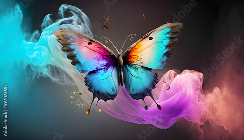 butterfly on a flower, Flying Butterfly with color Smoke background wallpaper space on text 