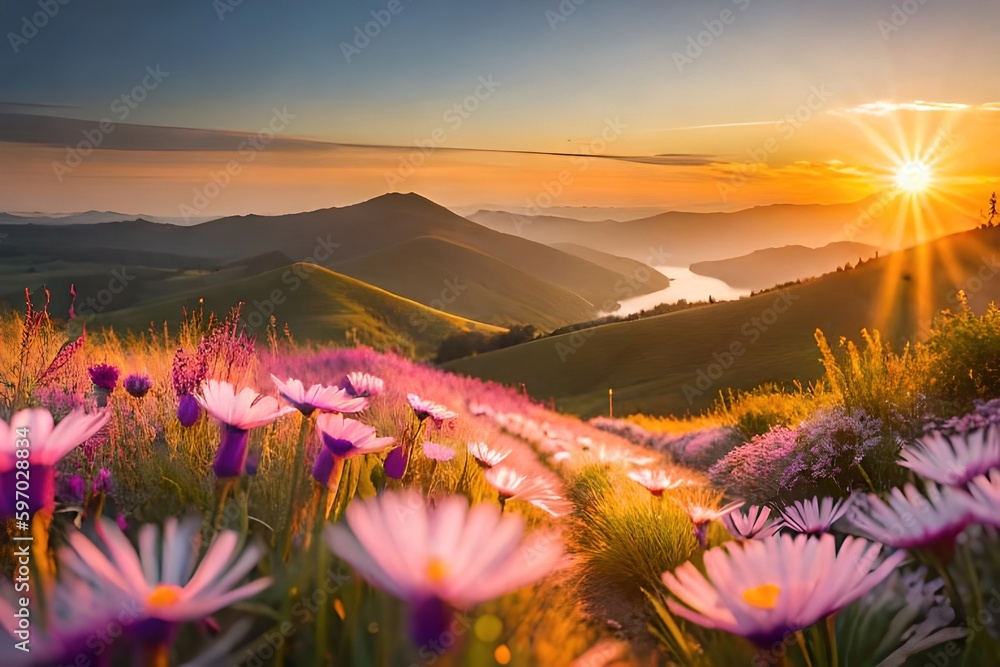 sunrise in the mountains with pink flowers, generative ai