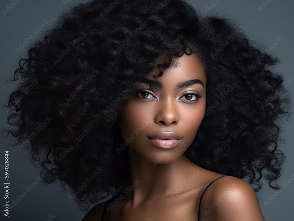 Fototapeta premium Beautiful model woman with long curly hairstyle. Care and beauty hair products. Generative AI
