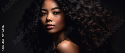 Beautiful model woman with long curly hairstyle. Care and beauty hair products. Generative AI
