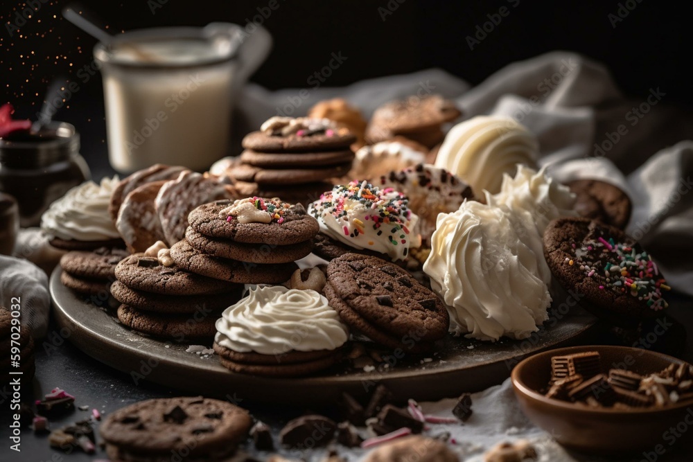 Platter of desserts with white frosting, chocolate cones, and sprinkles. Topped with white frosting on cookies. Generative AI