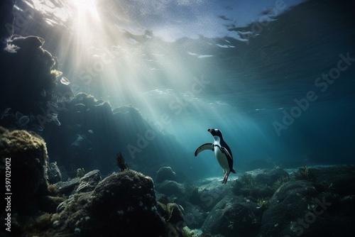 Stunning underwater scenery: penguins, fish, icebergs. Generative AI © Nerissa