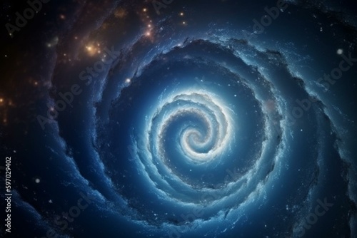 A massive spiral in space with blue center & dark gas cloud surrounded by stars. Generative AI