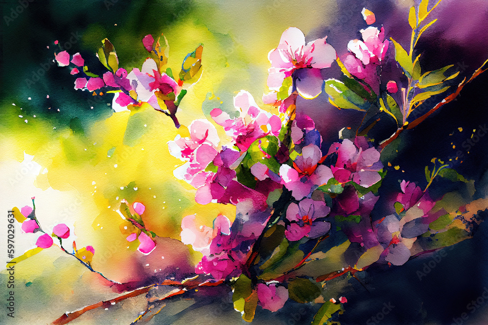 Pink cherry blossom branch in spring as wallpaper background illustration (Generative AI)