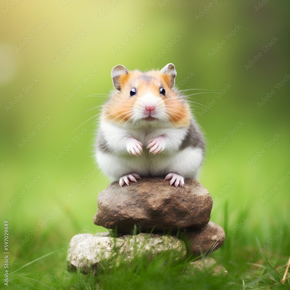cute hamster is sitting on a pebble against. Ai generative. Illustration cute hamster is sitting on a pebble against. Ai generative. Illustration