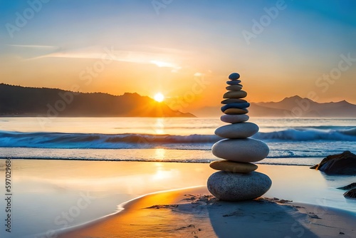 stack of stones on the beach  sunset background  generative ai