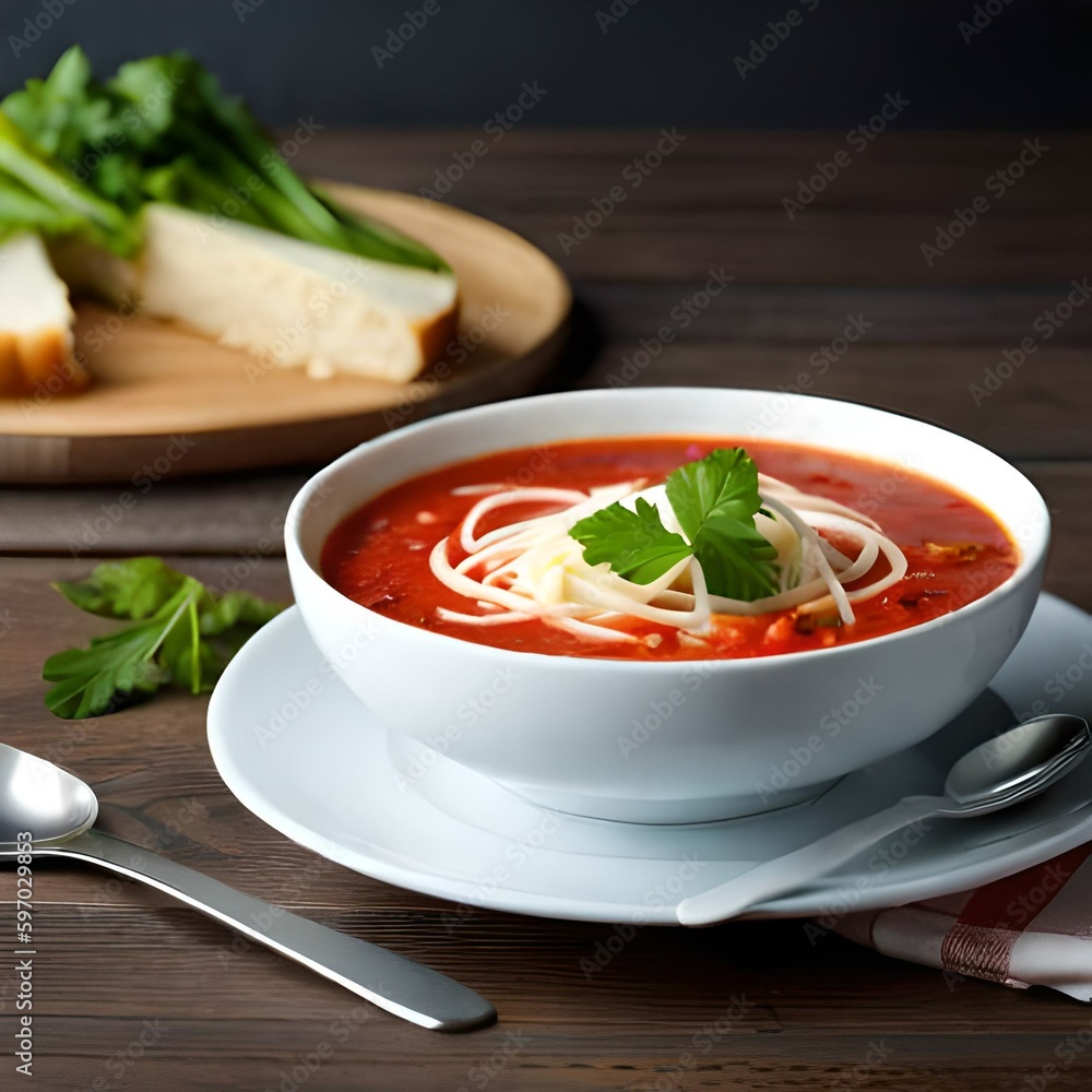 Instant chicken noodle soup in a white ceramic bowl isolated on white. Parsley garnish. AI generated image Instant chicken noodle soup in a white ceramic bowl isolated on white. Parsley garnish. AI generated image