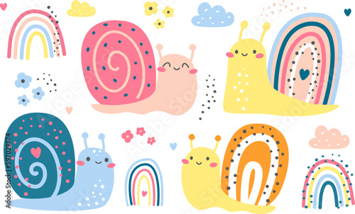 Set of children's vector illustrations. Cute smiling snails in Scandinavian style. Rainbows, flowers and clouds. 