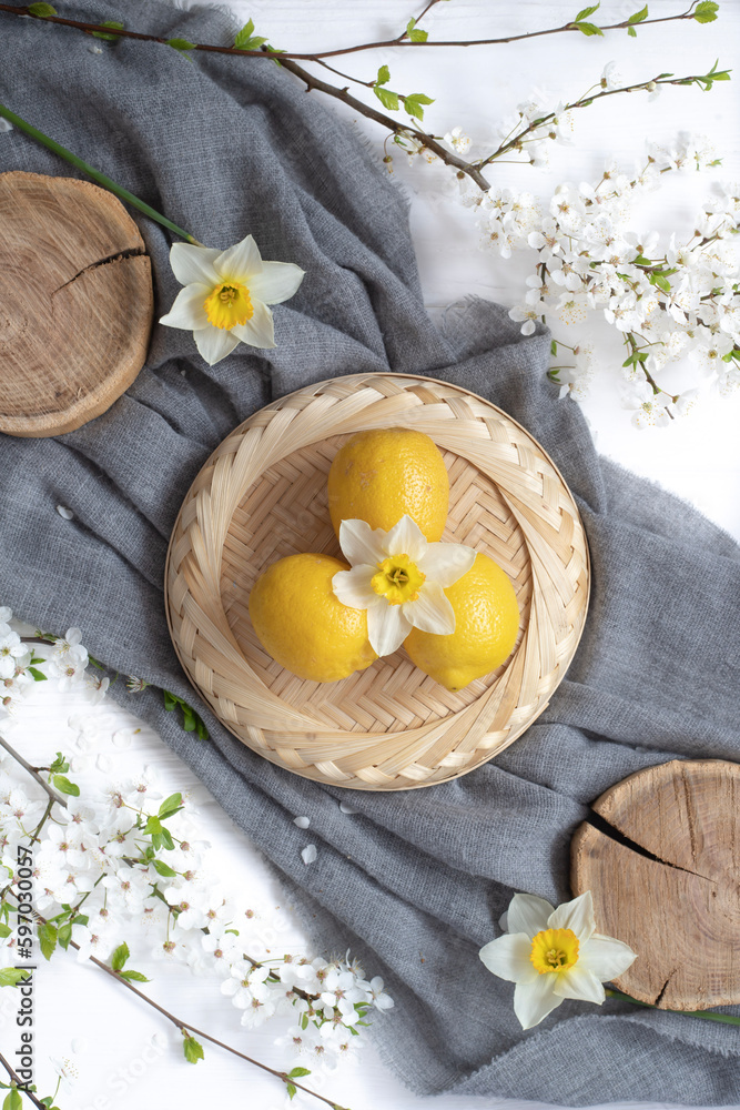Gentle still life composition with flowers and lemons