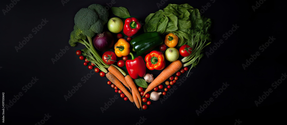 Fresh vegetables heart shape, black background. Generative AI