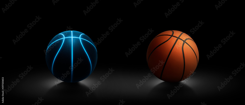 Basketball ball with bright blue glowing neon lines and Basketball ball on dark background