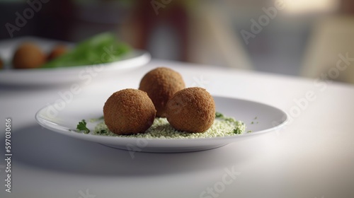 Falafel in a white plate on a table in a Falafel in a white plate on a table in a restaurant. generative ai