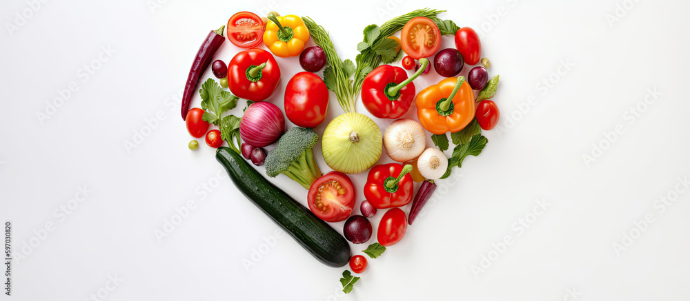 Fresh vegetables heart shape, white background. Generative AI