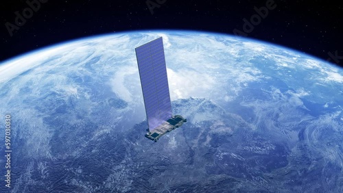 Starlink satellite orbiting in space, in the background the blue planet earth. Satellite aerial view that provides internet connection from space