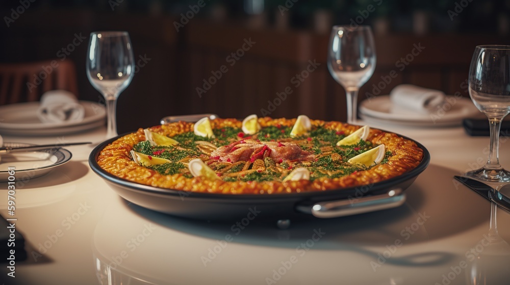 Paella in a white plate on a table in a restaurant.