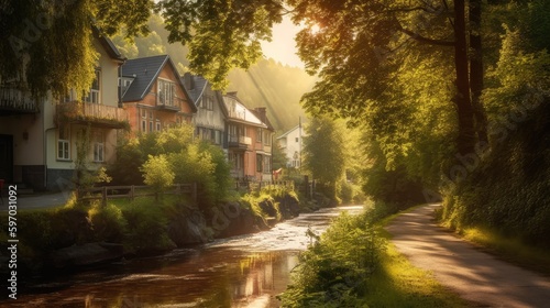 Scandinavian-style suburban houses village, that breaks away from the conventional asphalt roads and instead is covered in a thriving, wild green forest with a tranquil stream running through it.