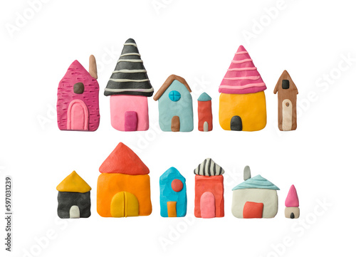 Multicolored plasticine buildings. Set of cute handmade houses. Modelling clay.