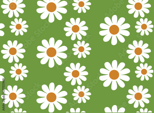 Seamless pattern with daisy flower and little hearts on green background. and daisy icons	