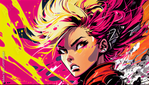 Energetically hued manga maiden displaying a captivating look with oversized expressive eyes. An anime figure donning lively, polychromatic hair.