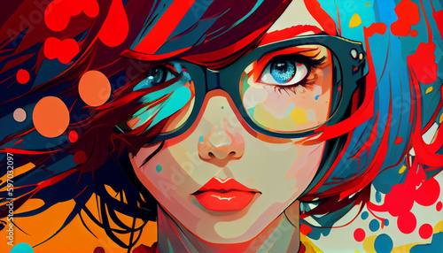 Anime character sporting vibrant  multicolored hair wearing glasess 