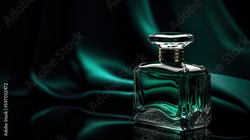 Green perfume bottle on a dark background with copy space. AI