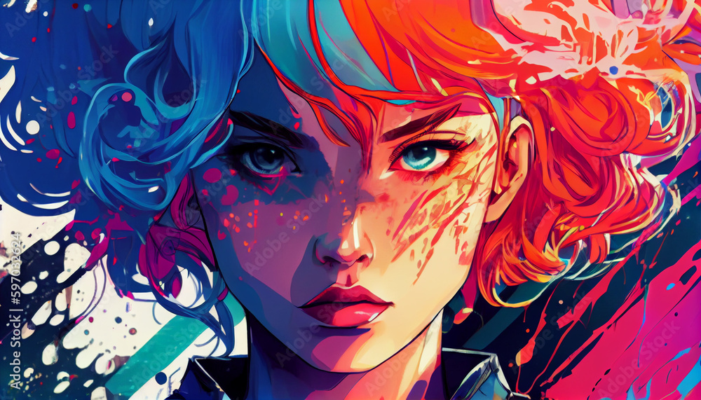 Colorful pop art manga girl with stunning looks and big eyes. An anime girl with colorful hair. Colorful pop art manga girl with stunning looks and big eyes. An anime girl with colorful hair.