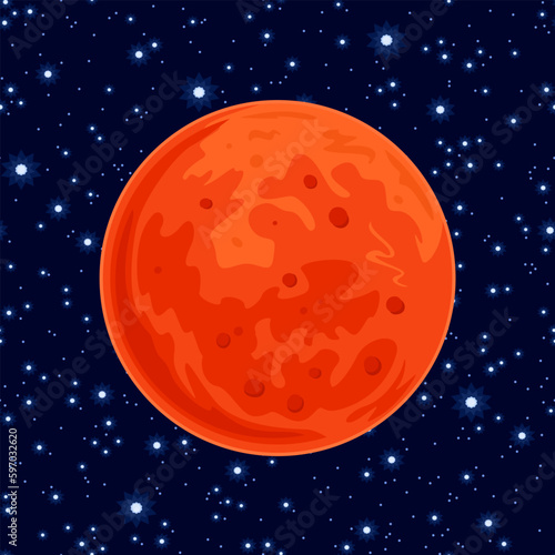 Mars icon. Red planet in dark space against the background of stars. Vector cartoon illustration of solar system planet.