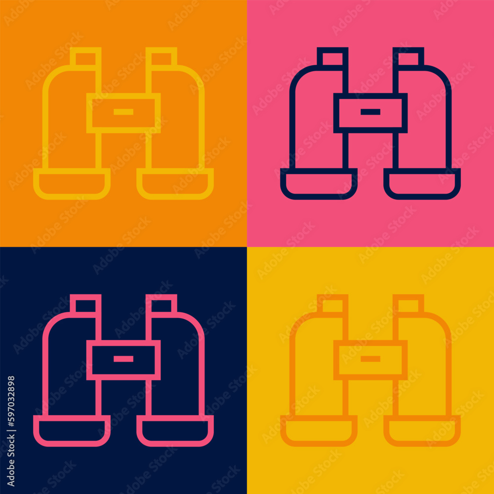 Pop art line Binoculars icon isolated on color background. Find software sign. Spy equipment symbol. Vector Pop art line Binoculars icon isolated on color background. Find software sign. Spy equipment symbol. Vector